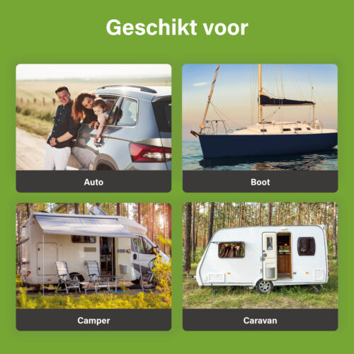 Collage van auto, boot, camper en caravan met tekst “Geschikt voor”
