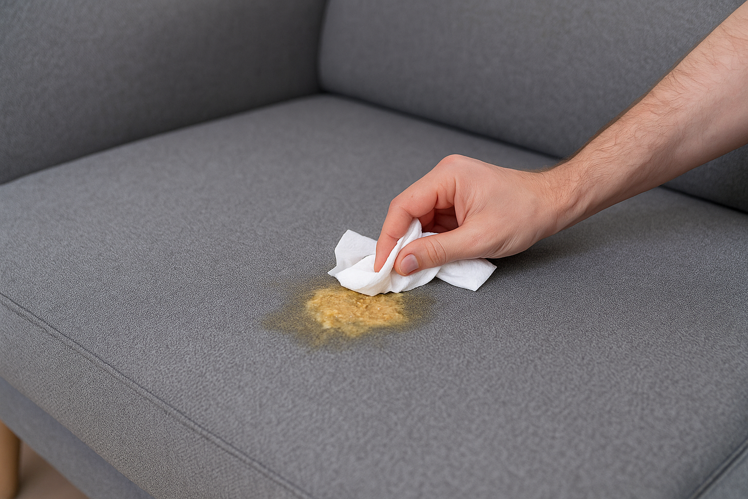 Main qui tamponne du vomi sur un canapé en tissu gris avec un chiffon.