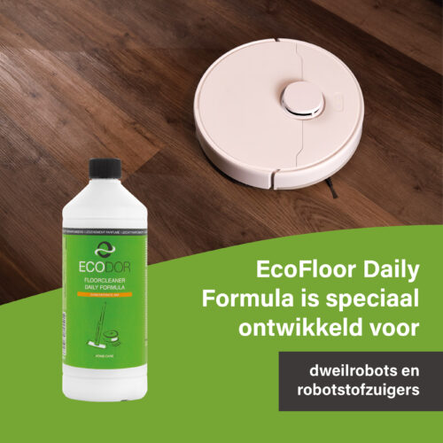Ecodor EcoFloor Daily Formula à côté d'un aspirateur robot avec fonction lavage sur un sol en bois.